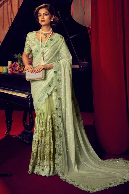 Mint Green Imported & Net Saree With Blouse Piece