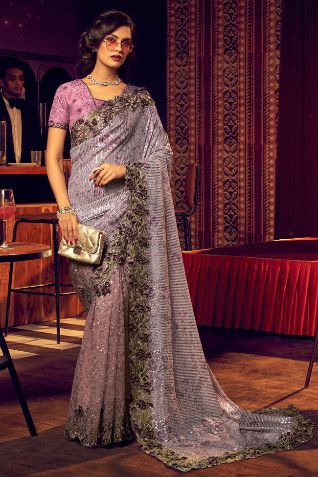 Eggplant Purple Digital Print Net Saree With Blouse Piece