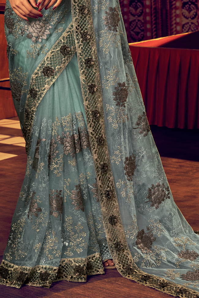 Frost Blue Digital Print Net Saree With Blouse Piece