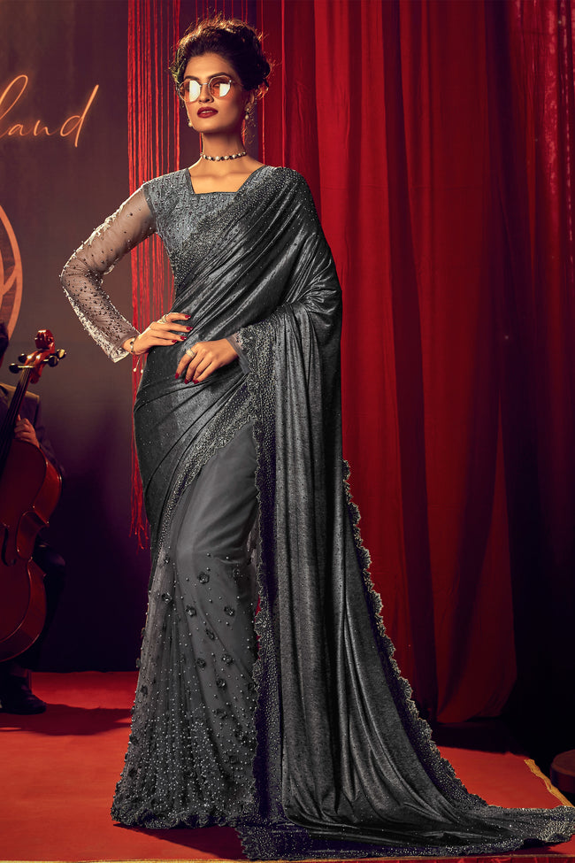 Silver Grey Imported & Net Saree With Blouse Piece