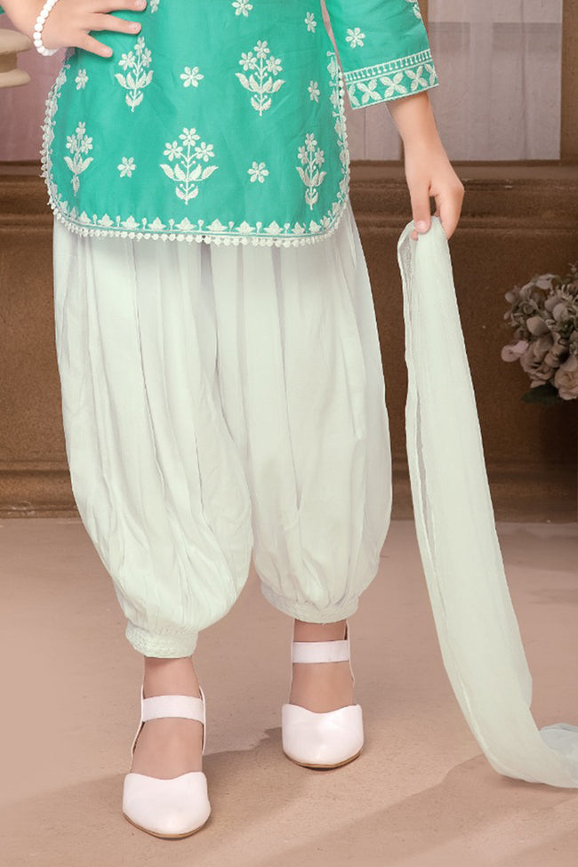 Rama Green Cotton Chikankari Embroidery Stylish Set For Girls