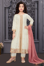 Cream Chiffon Readymade Embroidered Salwar suit.