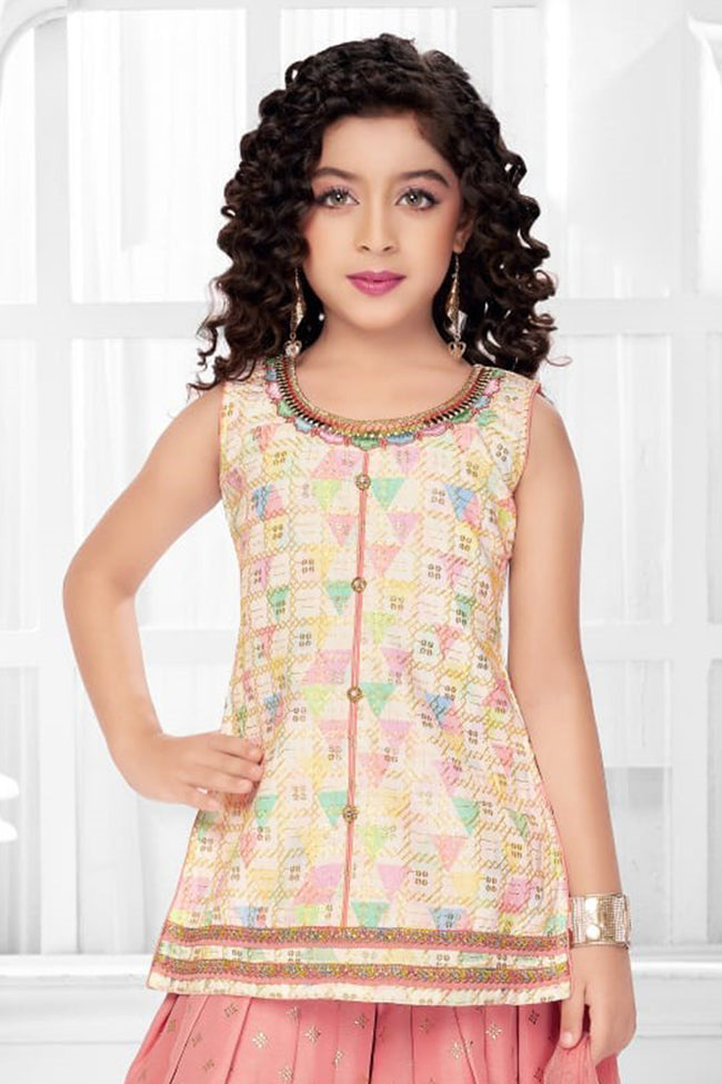 Cream With Peach Printed Regular Thread Work Kurti with Dhoti Pants & Dupatta For Girls