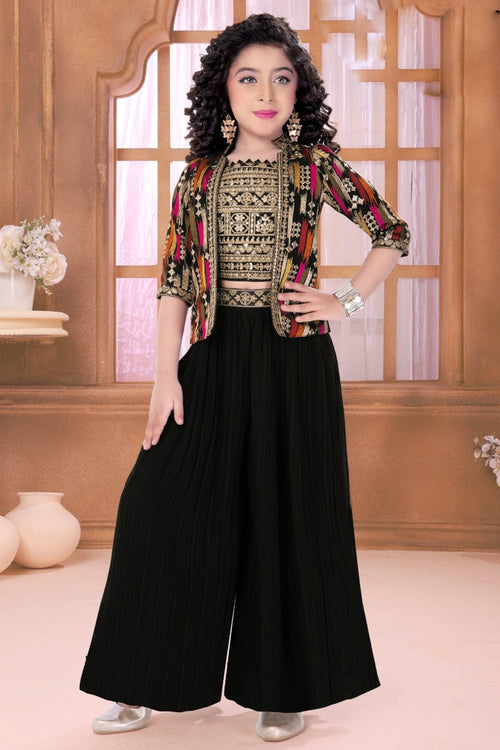 Black Sequined Palazzo with Crop Top and Jacket For Girls