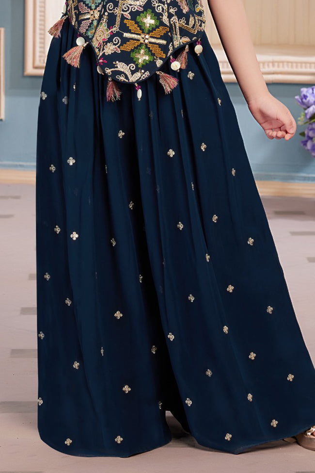 Navy Blue Elegant Color Chiffon Embroidered Palazzo Set For Girls
