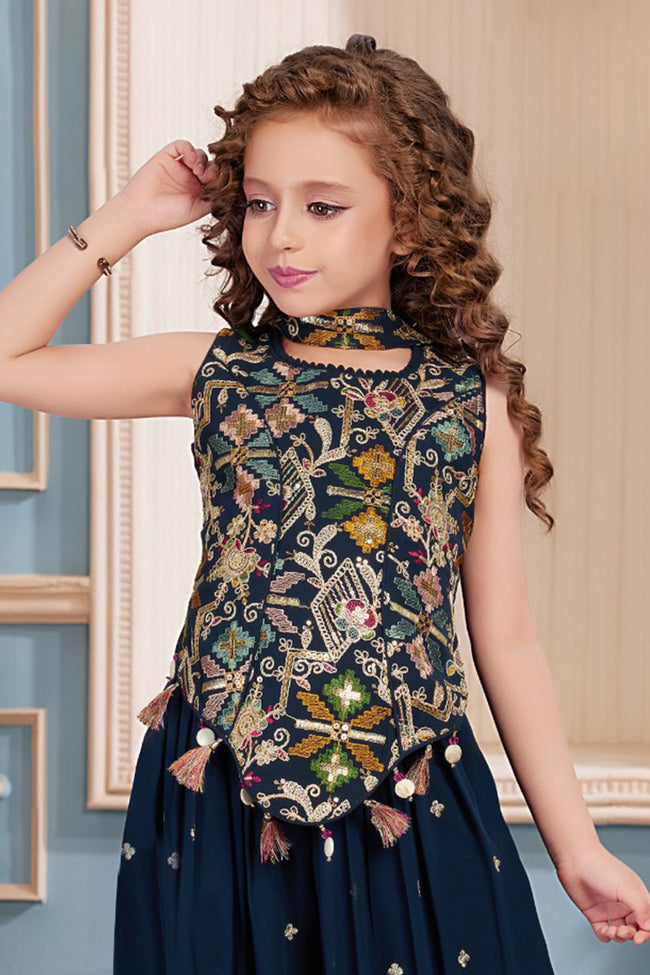 Navy Blue Elegant Color Chiffon Embroidered Palazzo Set For Girls