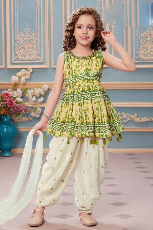 Yellow With Cream Printed Cotton Kurti With Dhoti Pants For Girls