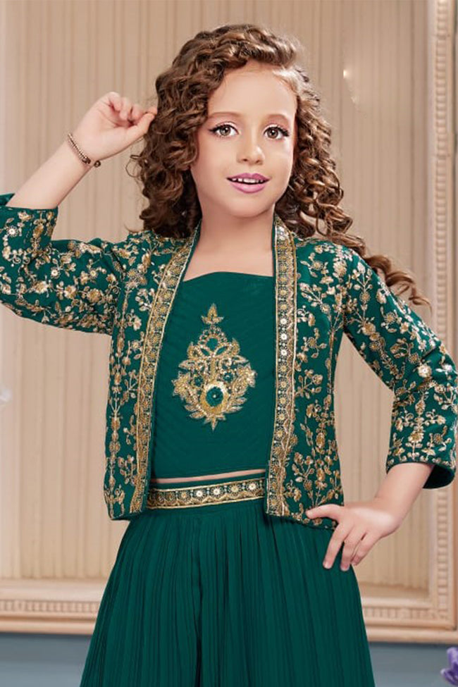 Green Stylish Crop Top With Fancy Palazzo And Jacket For Girls