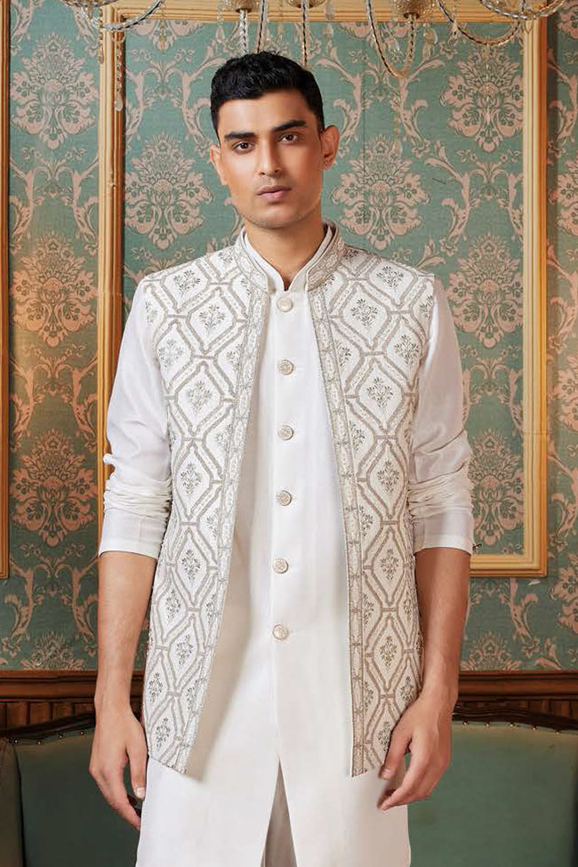 Cream Jacket Style Embroidered Indowestern Set For Men