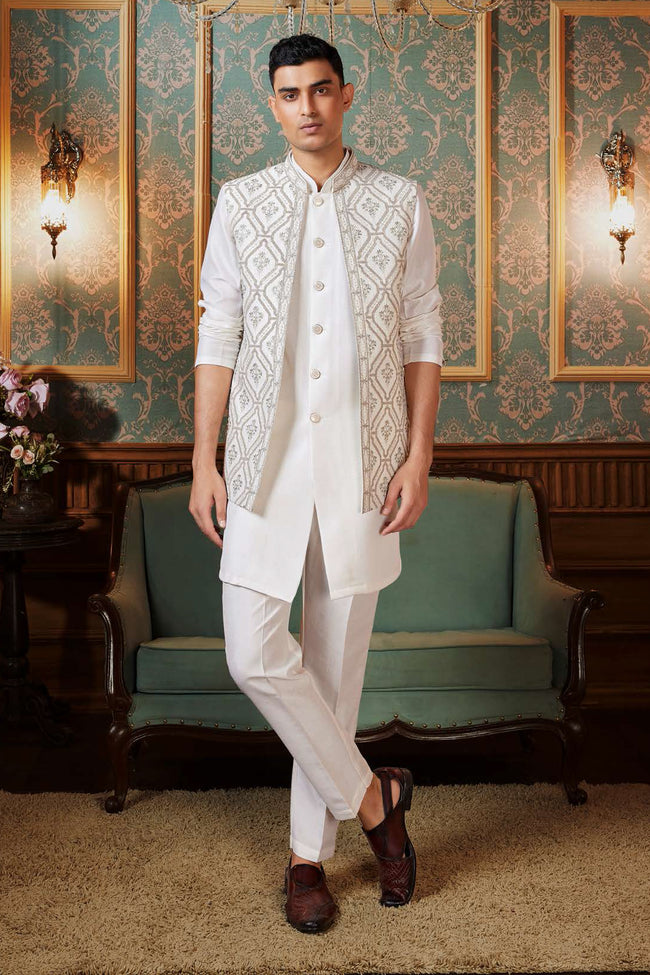 Cream Jacket Style Embroidered Indowestern Set For Men