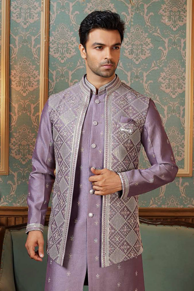 Purple Festive Wear Embroidered Indowestern Set With Jacket For Mens