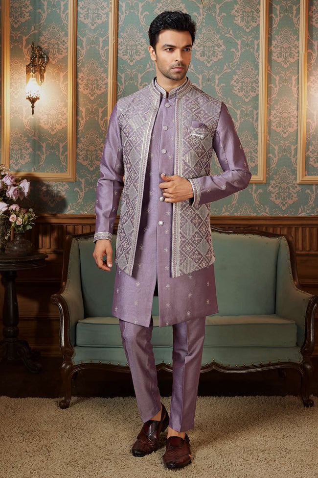 Purple Festive Wear Embroidered Indowestern Set With Jacket For Mens