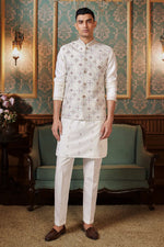 White Thread Embroidered Indowestern Fusion Jacket Set For Mens