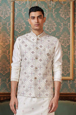 White Thread Embroidered Indowestern Fusion Jacket Set For Mens