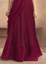 Cherry Red Ready Pleated Saree In Georgette With Full Sleeves Blouse And Chunky Embroidered Belt