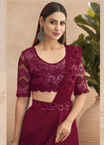 Cherry Red Ready Pleated Saree In Georgette With Full Sleeves Blouse And Chunky Embroidered Belt