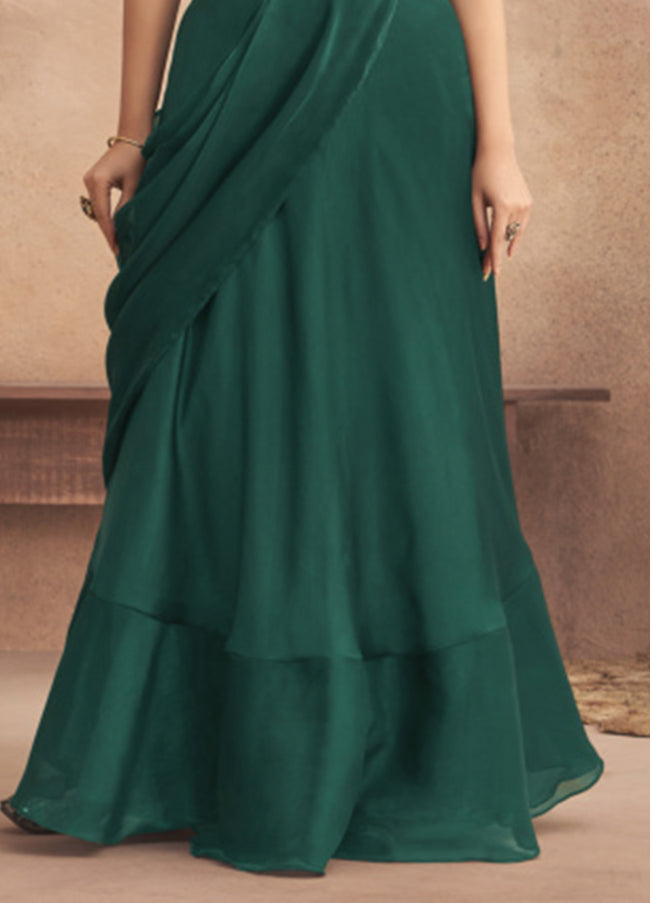Emerald Green Ready Pleated Saree In Georgette With Full Sleeves Blouse And Chunky Embroidered Belt