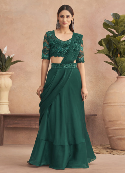Emerald Green Ready Pleated Saree In Georgette With Full Sleeves Blouse And Chunky Embroidered Belt