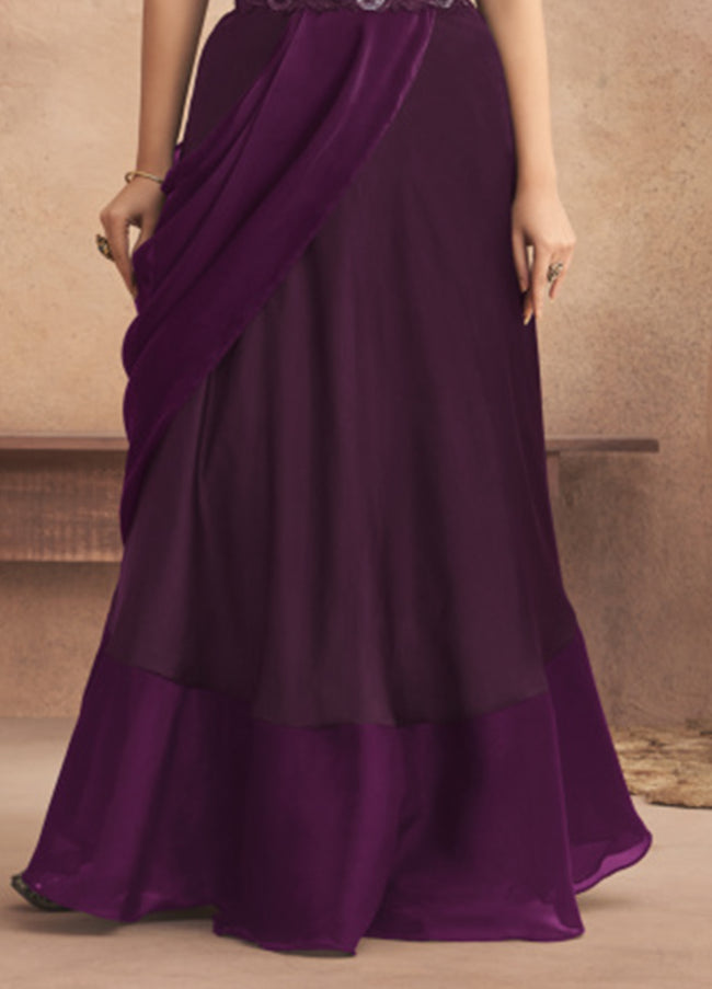 Hollyhock Purple Ready Pleated Saree In Georgette With Full Sleeves Blouse And Chunky Embroidered Belt