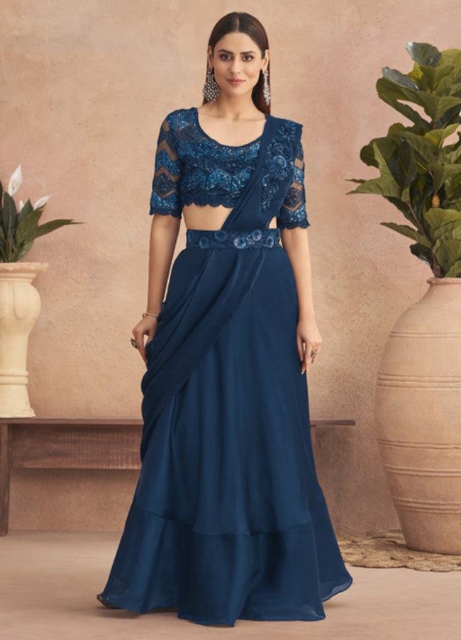 Rama Blue Ready Pleated Saree In Georgette With Full Sleeves Blouse And Chunky Embroidered Belt