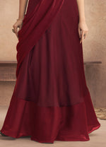 Brown Ready Pleated Saree In Georgette With Full Sleeves Blouse And Chunky Embroidered Belt