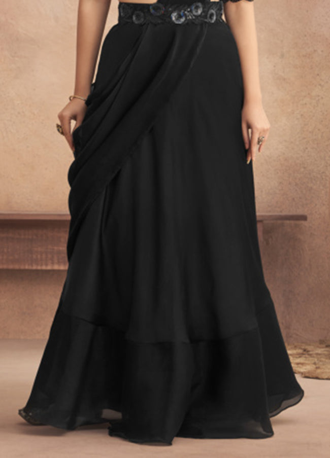 Black Ready Pleated Saree In Georgette With Full Sleeves Blouse And Chunky Embroidered Belt