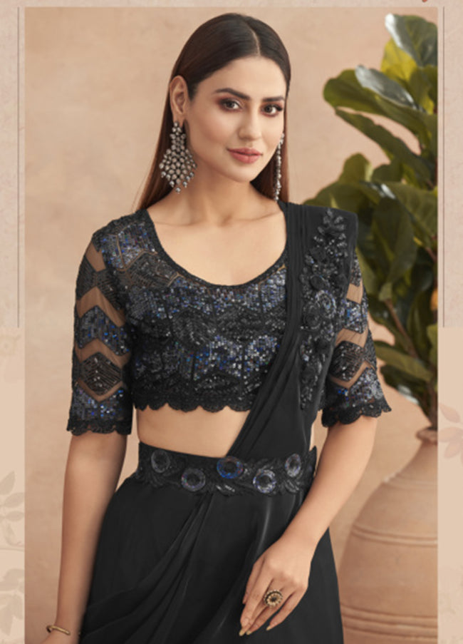Black Ready Pleated Saree In Georgette With Full Sleeves Blouse And Chunky Embroidered Belt