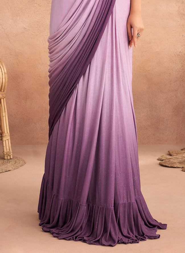 Purple Ready Pleated Stone Work Lycra Saree With Heavy Work Blouse Piece