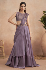 Purple Ready Pleated Satin Lehenga Style Saree With Heavy Work Blouse Piece