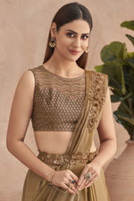 Golden Brown Ready Pleated Satin Lehenga Style Saree With Heavy Work Blouse Piece