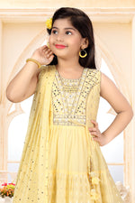 Light Yellow Printed Gown With Mirror Embroidery For Girls