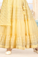 Light Yellow Printed Gown With Mirror Embroidery For Girls