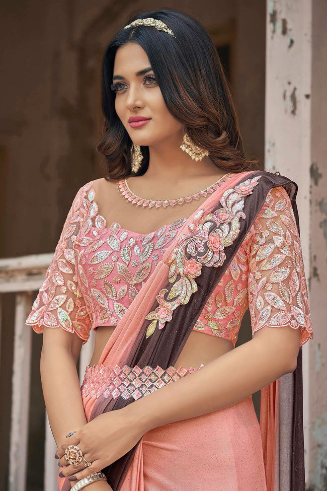 Peach Ready Pleated Stone Work Lycra Saree And Heavy Work Blouse Piece