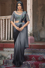Grey Ready Pleated Stone Work Lycra Saree And Heavy Work Blouse Piece