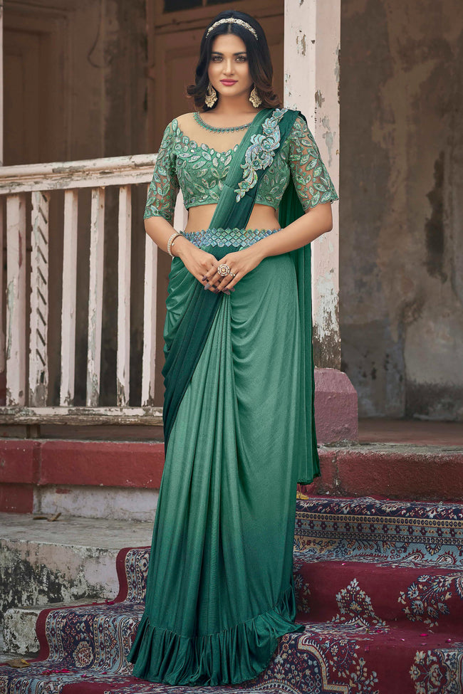 Green  Ready Pleated Stone Work Lycra Saree And Heavy Work Blouse Piece