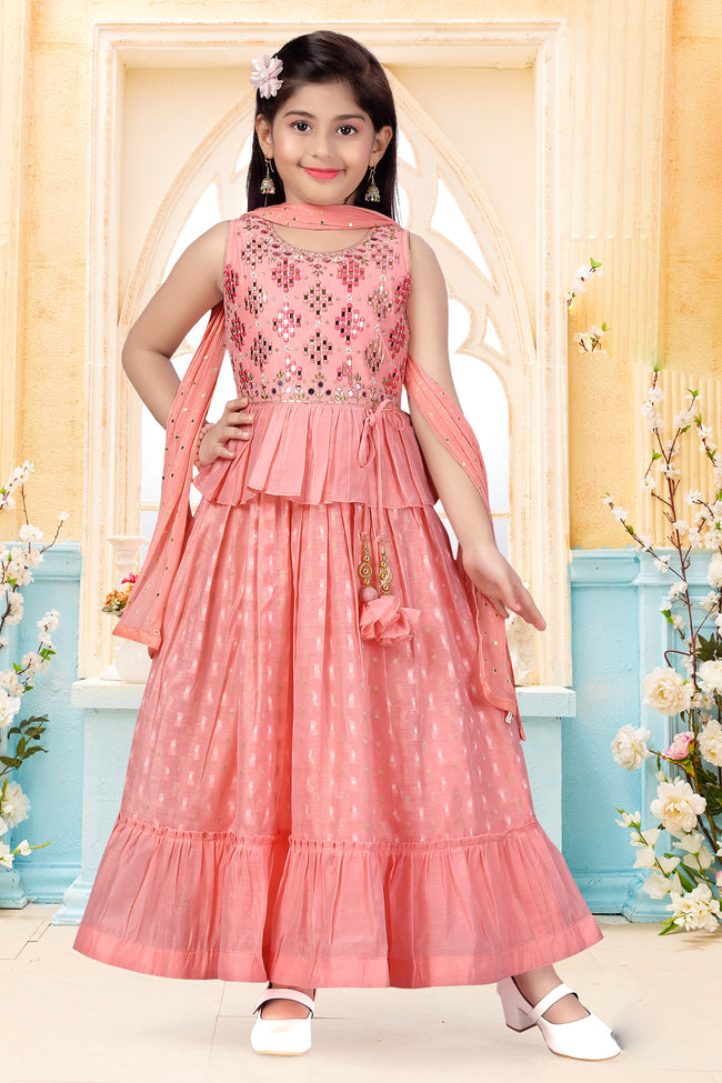 Light Coral Printed Gown With Mirror Embroidery For Girls