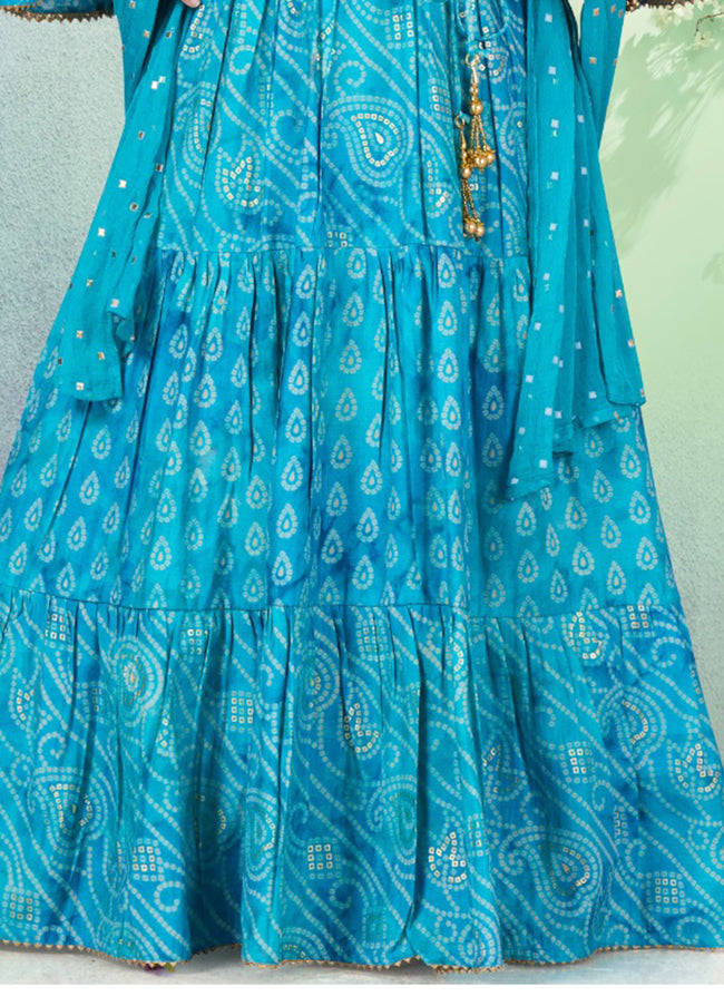 Blue Color Fancy Printed Cotton Gown For Girls