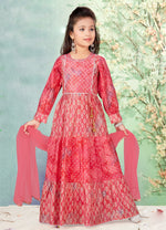 Carmine Color Fancy Printed Cotton Gown For Girls