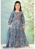 Grey Color Fancy Printed Cotton Gown For Girls