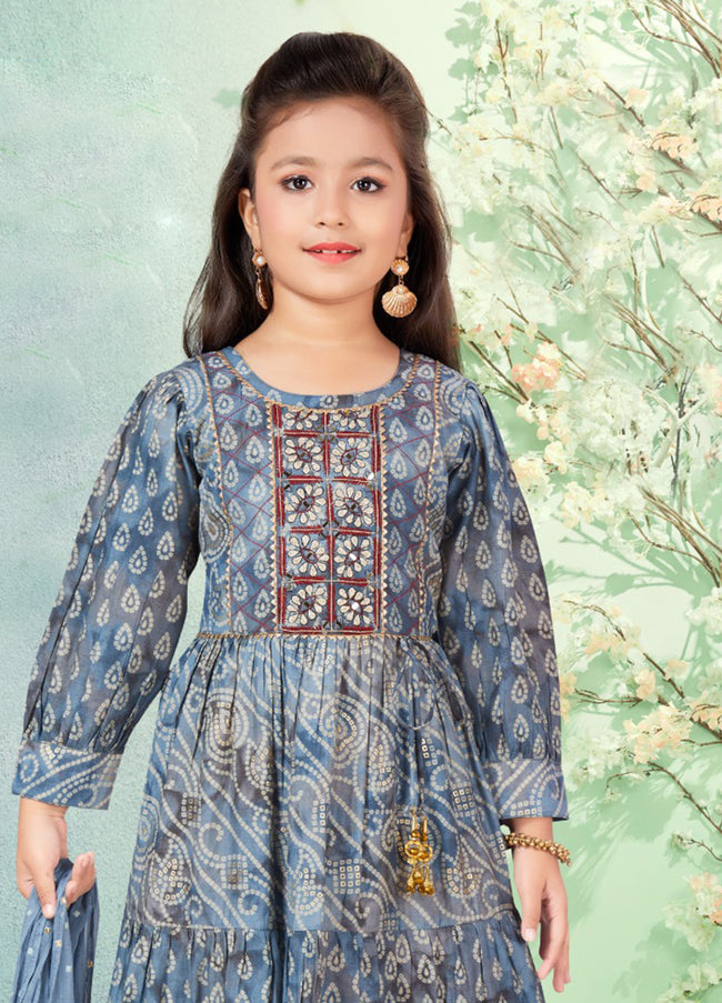 Grey Color Fancy Printed Cotton Gown For Girls