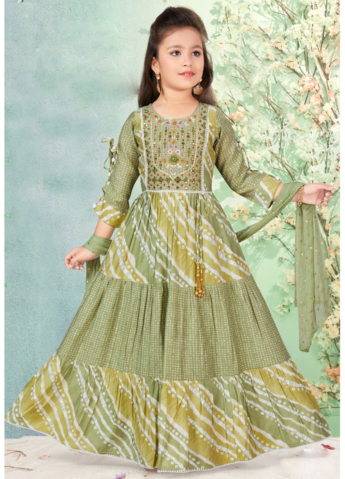 Forest Green Color Fancy Printed Cotton Gown For Girls