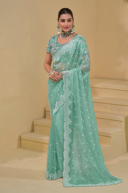 Mint Green Organza Saree With Cutdana Embroidery And Scallop Border