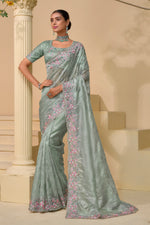 Silver Color Embroidered Organza Saree With Blouse