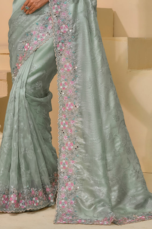 Silver Color Embroidered Organza Saree With Blouse