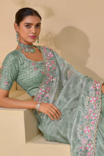 Silver Color Embroidered Organza Saree With Blouse