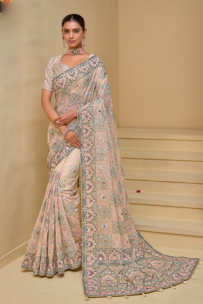 Peach Embroidered Organza Saree