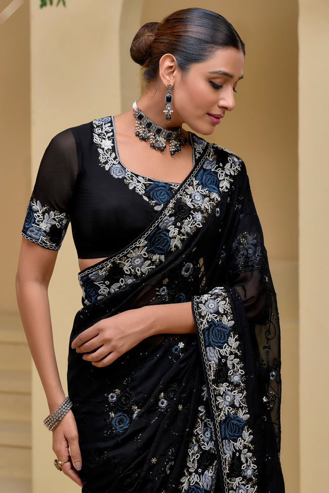 Black Embroidered Organza Saree With Blouse piece