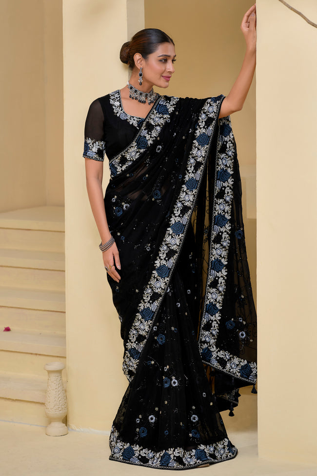 Black Embroidered Organza Saree With Blouse piece