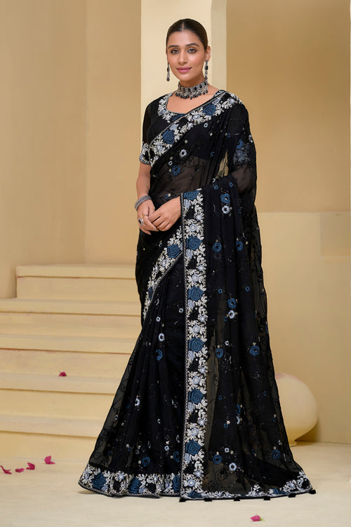 Black Embroidered Organza Saree With Blouse piece