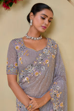 Light Grey Embroidered Organza Saree With Blouse